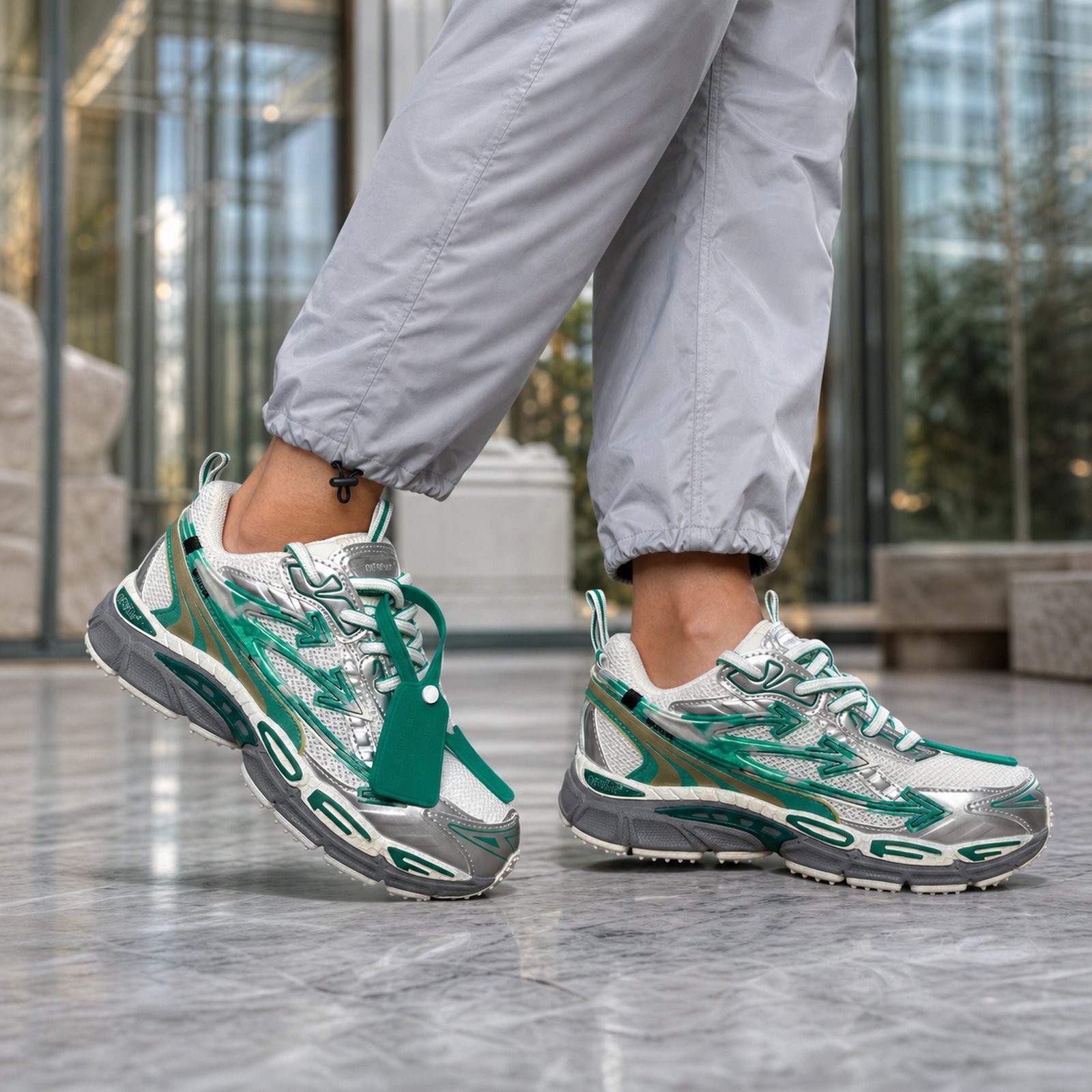 Off-White Be Right Back Green White on foot