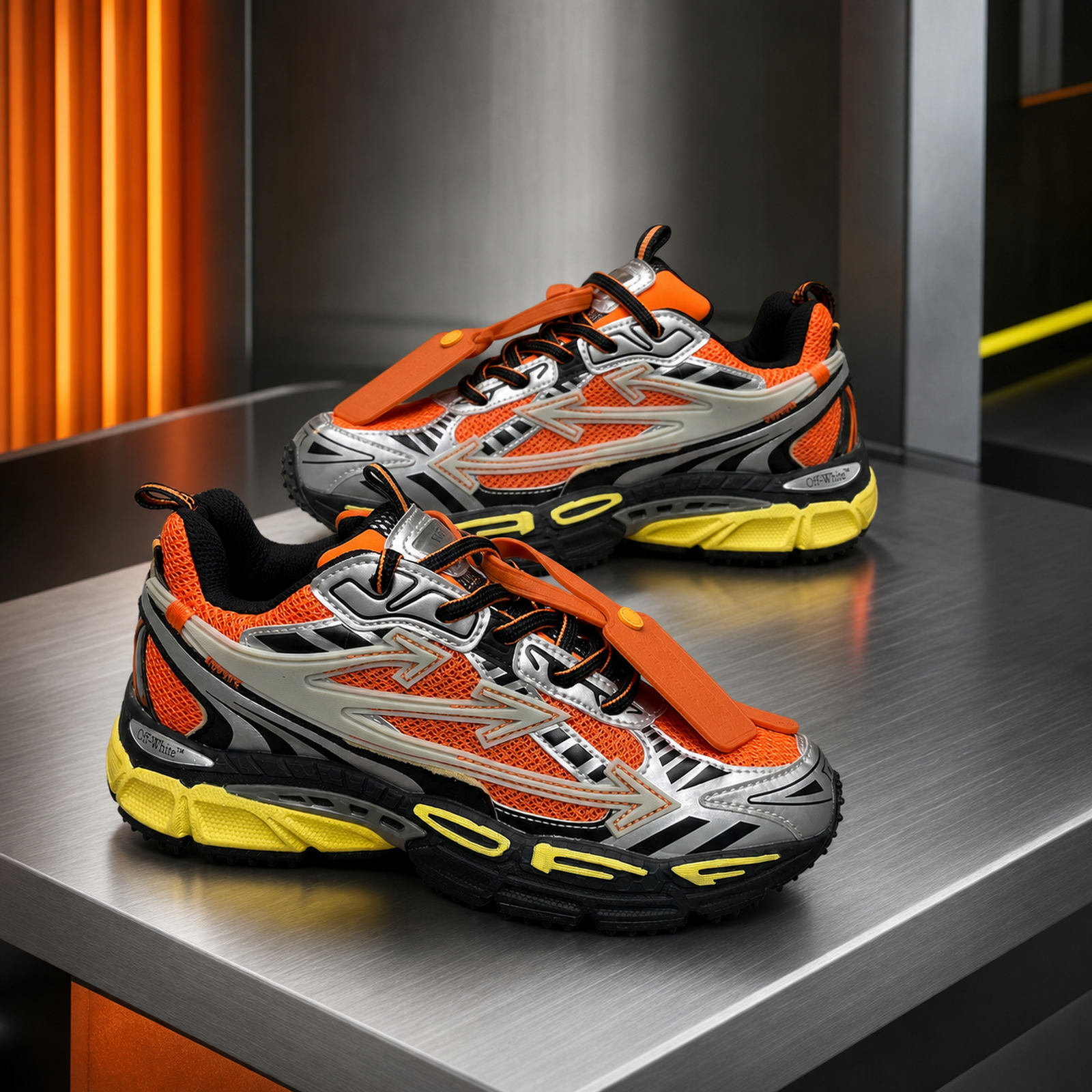 Off-White Be Right Back Orange Silver pair