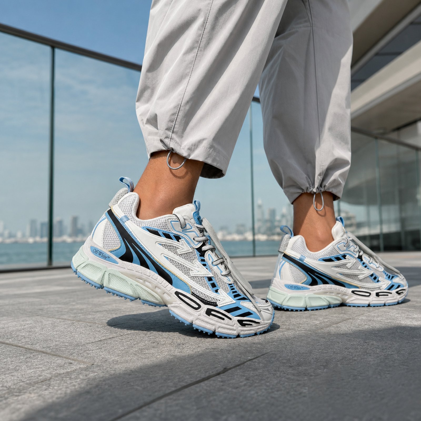 Off-White Be Right Back White Blue on foot