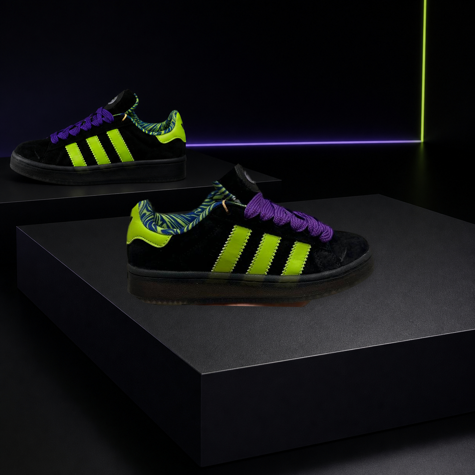 Adidas Campus Custom Black Neon Lime Purple Platform pair