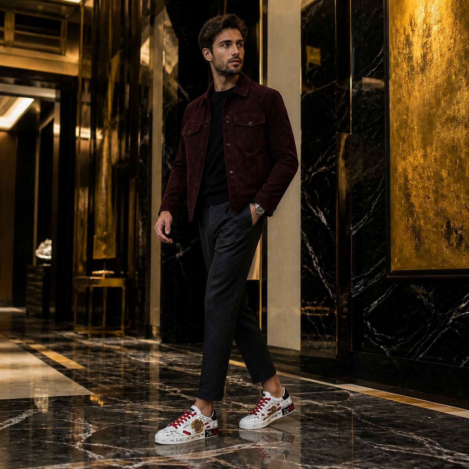 Dolce & Gabbana Portofino Crest Graffiti White Black Red Gold on foot