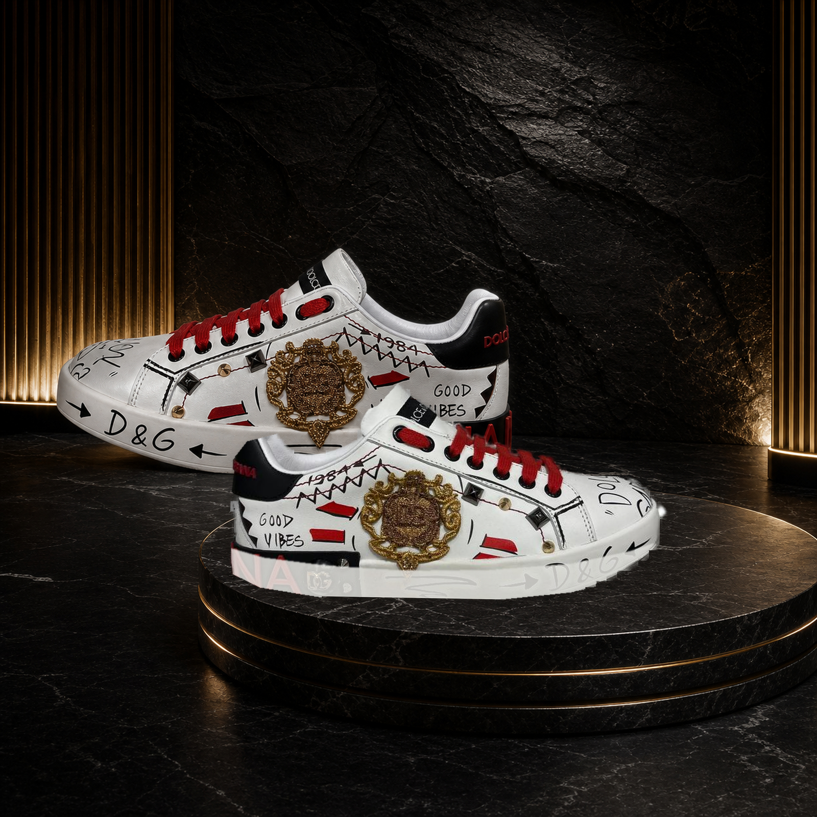 Dolce & Gabbana Portofino Crest Graffiti White Black Red Gold pair