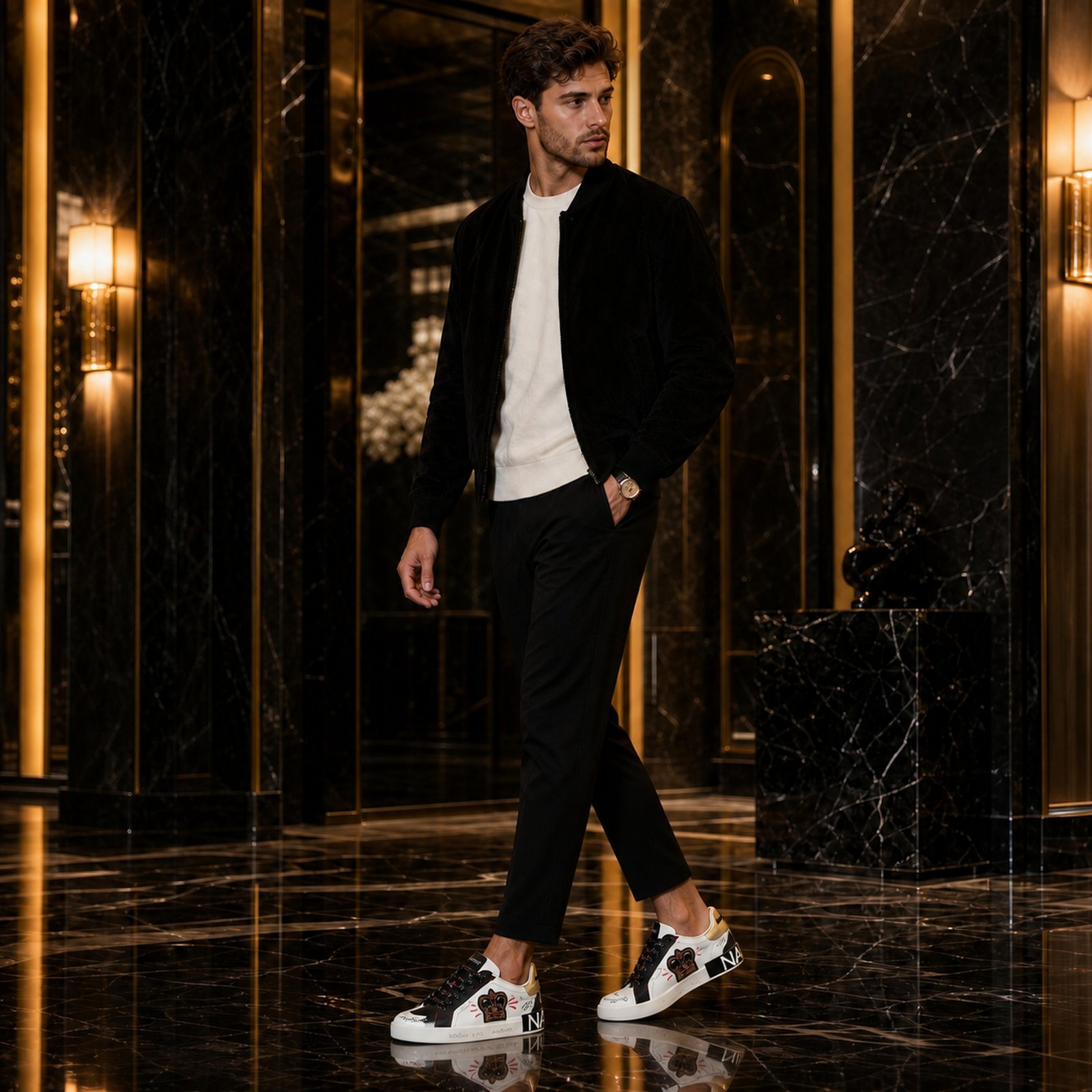 Dolce & Gabbana Portofino Crown Graffiti White Black Red Gold on foot