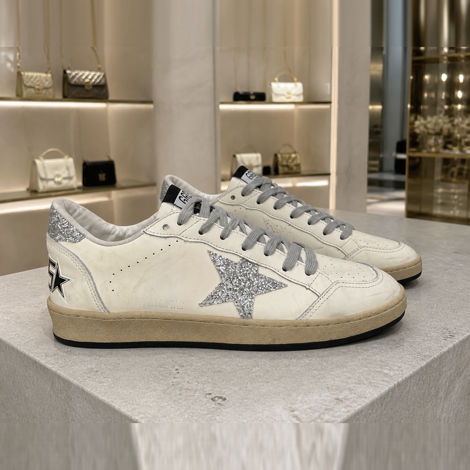 Golden Goose Ball Star White Silver Glitter Gray pair