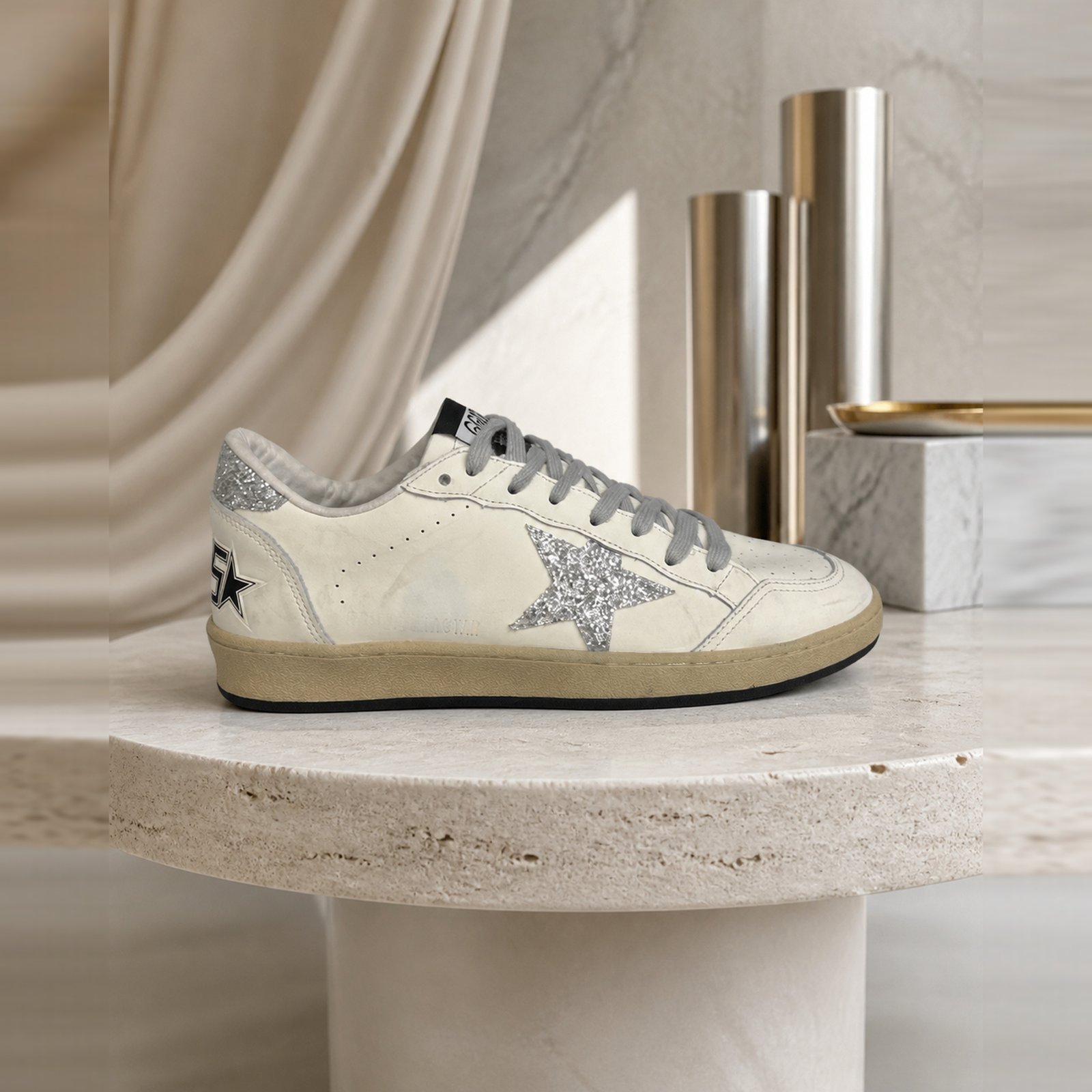 Golden Goose Ball Star White Silver Glitter Gray scene