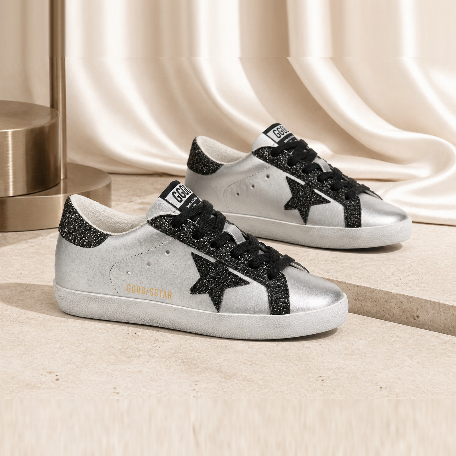 Golden Goose Super Star Custom Silver Black Glitter pair