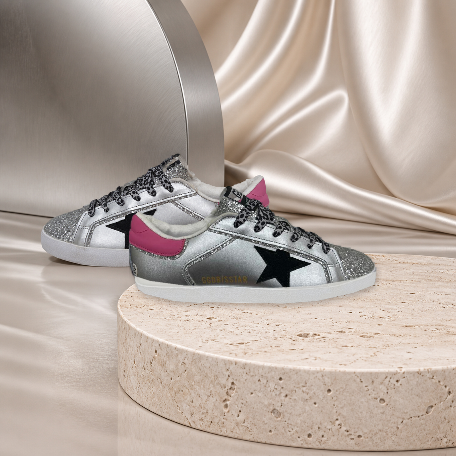 Golden Goose Super Star Custom Silver Black Pink Glitter Leopard pair