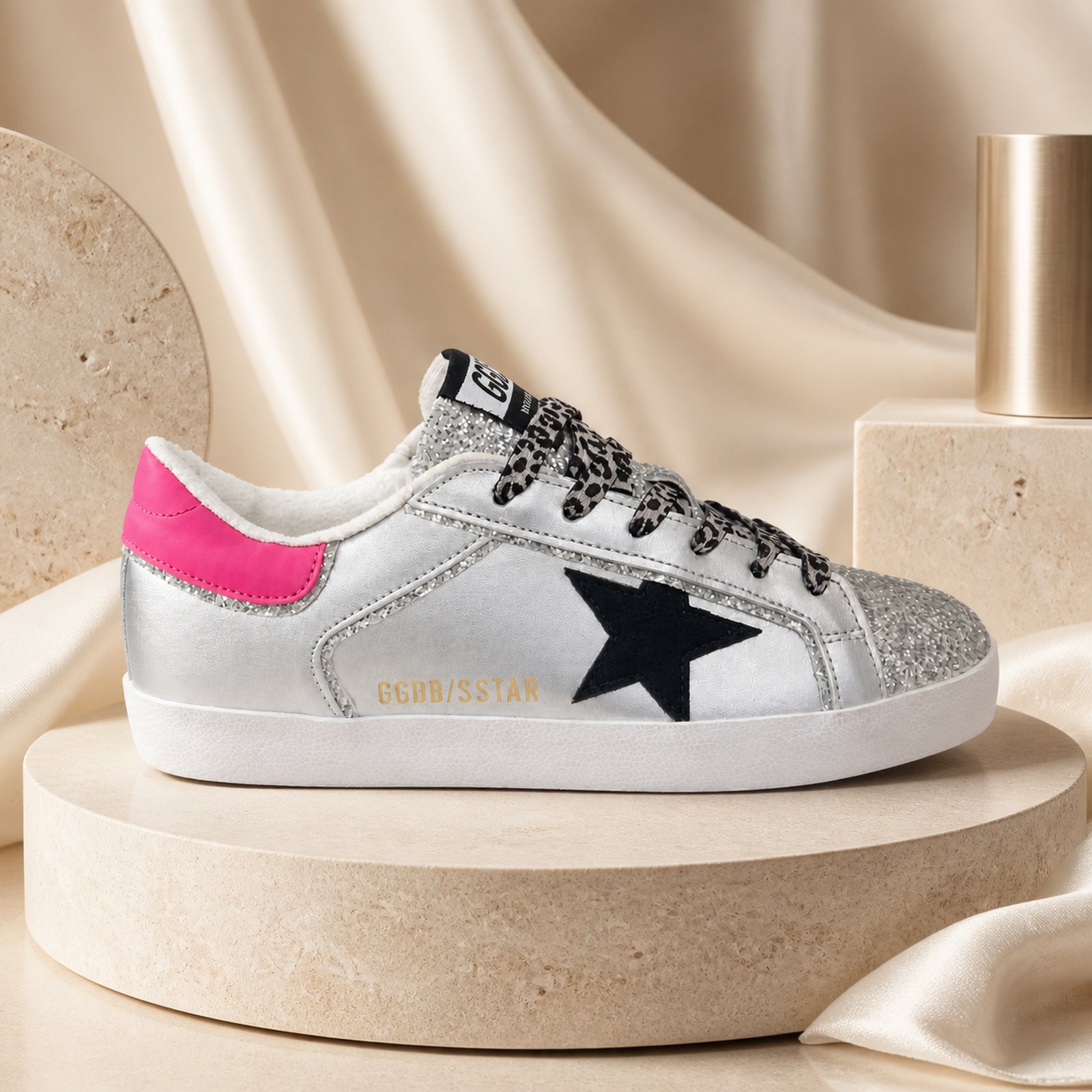 Golden Goose Super Star Custom Silver Black Pink Glitter Leopard scene