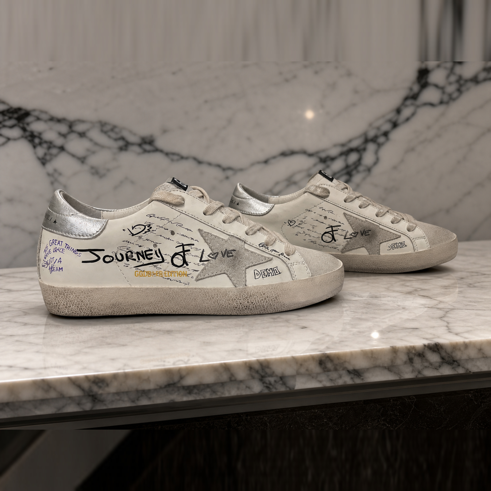 Golden Goose Super Star Journey of Love White Silver Black pair