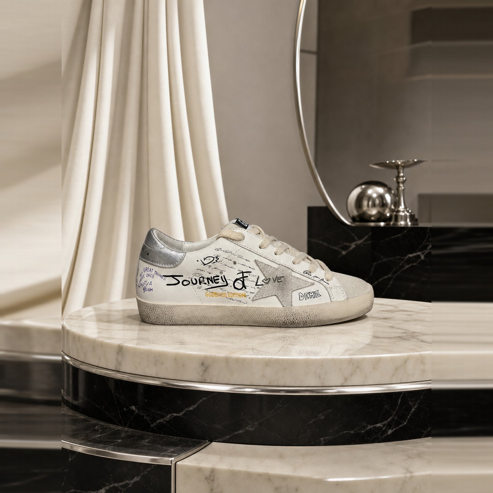 Golden Goose Super Star Journey of Love White Silver Black scene