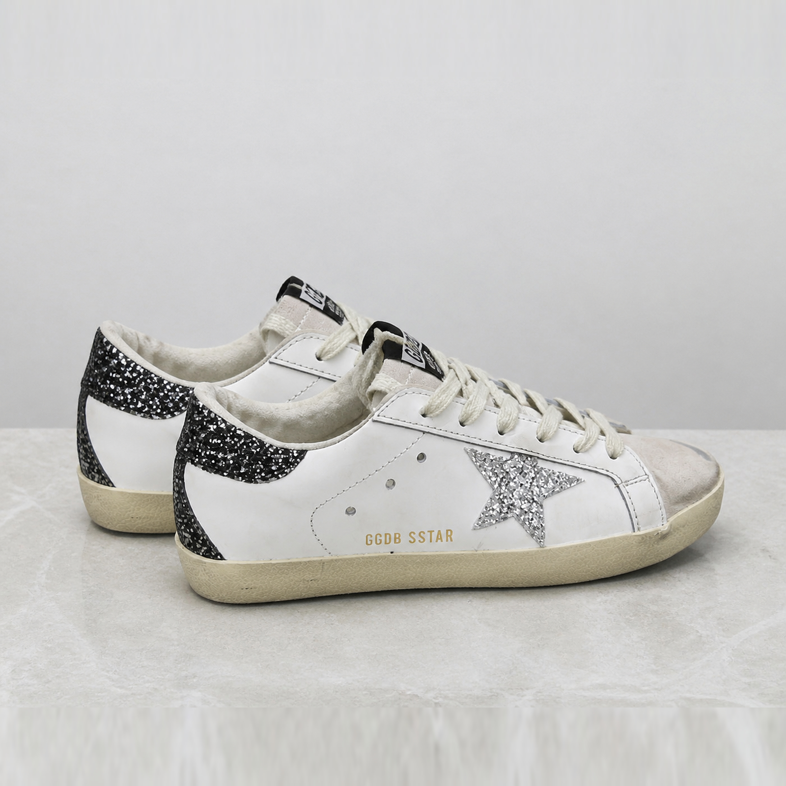 Golden Goose Super Star White Silver Black Glitter pair