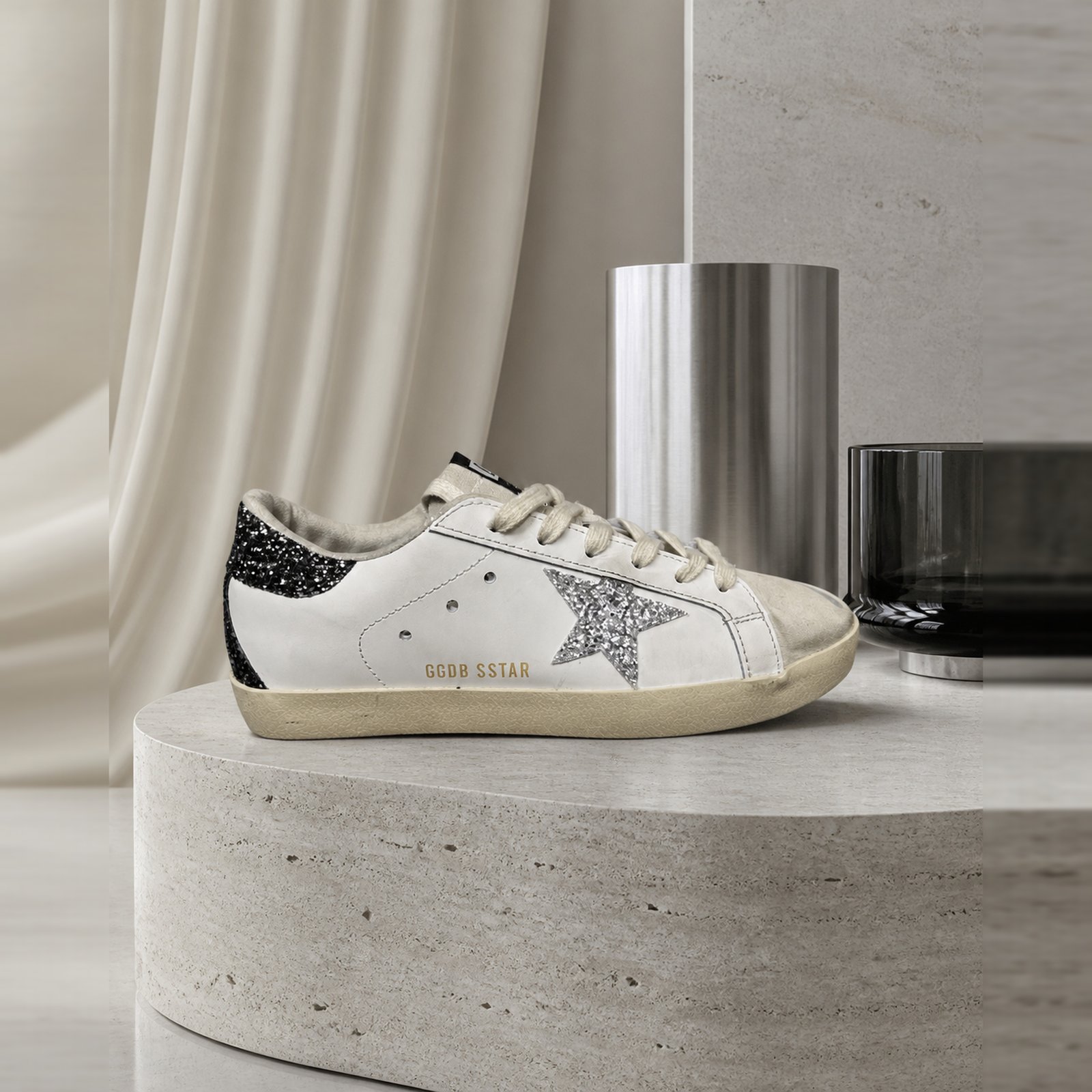 Golden Goose Super Star White Silver Black Glitter scene