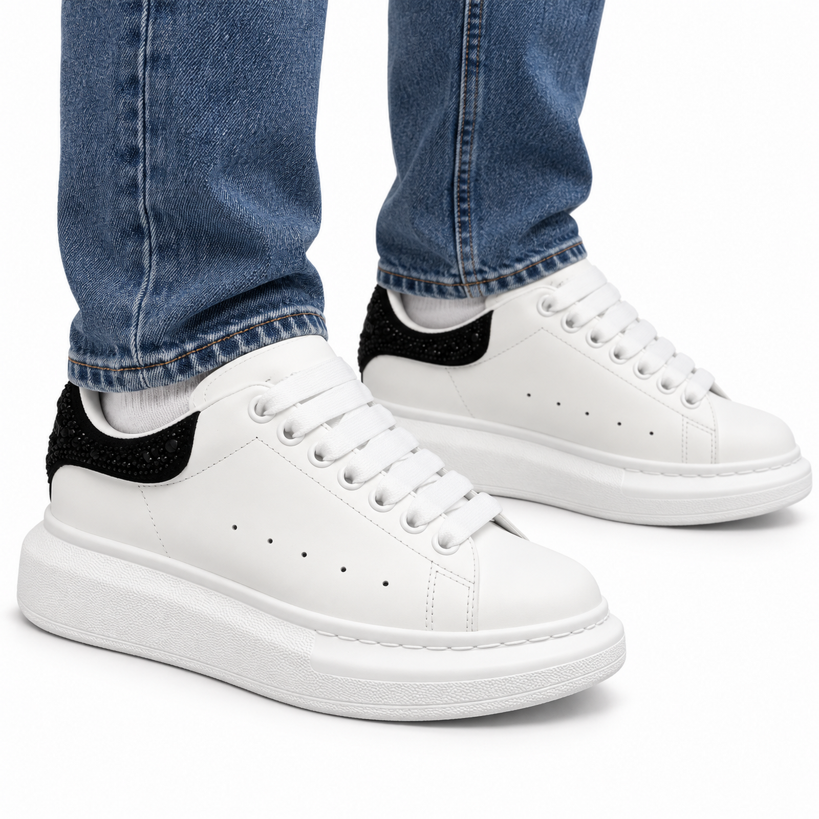 Alexander McQueen Oversized White Black Crystal Heel on foot