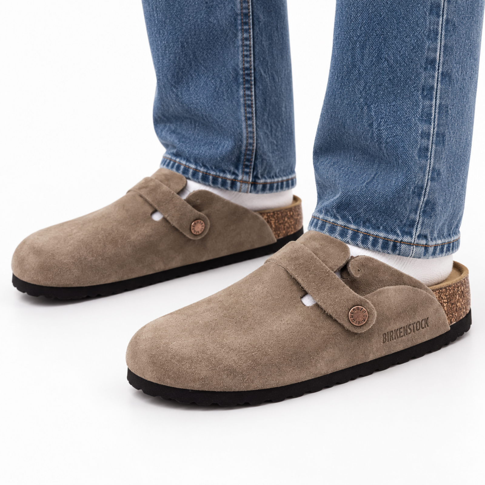 Birkenstock Boston Taupe Suede on foot