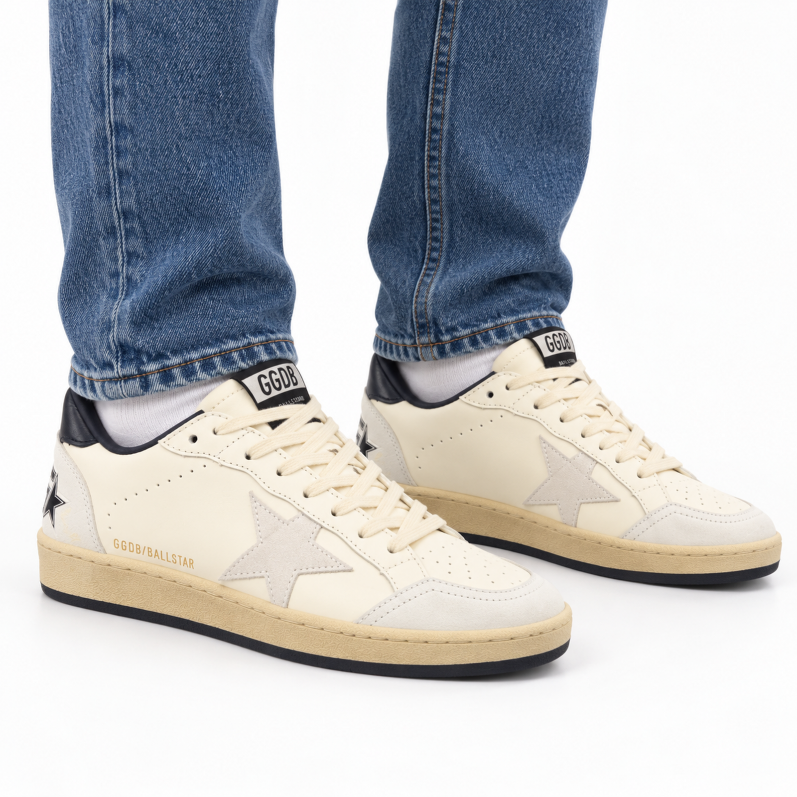 Golden Goose Ball Star Ivory Ice Black on foot