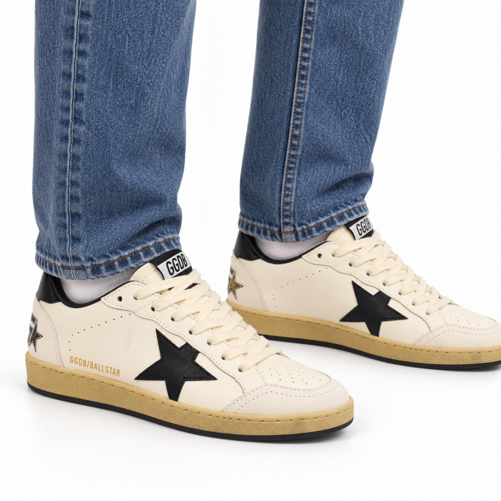 Golden Goose Ball Star White Black Leather on foot