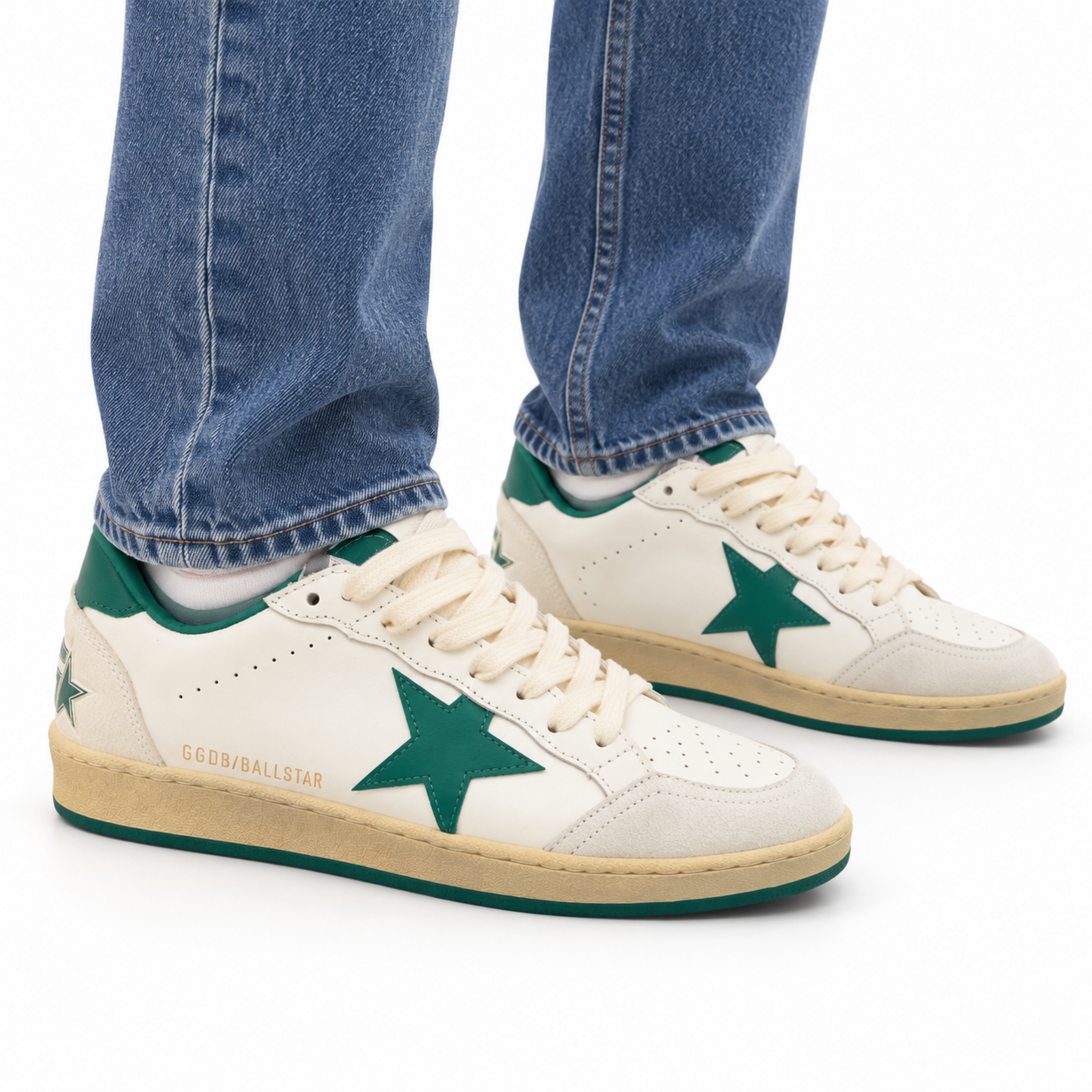 Golden Goose Ball Star White Green Leather on foot