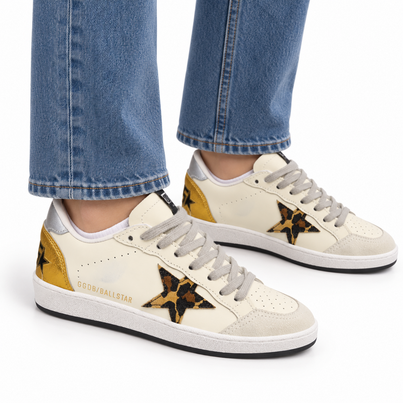 Golden Goose Ball Star White Leopard Star Gold on foot