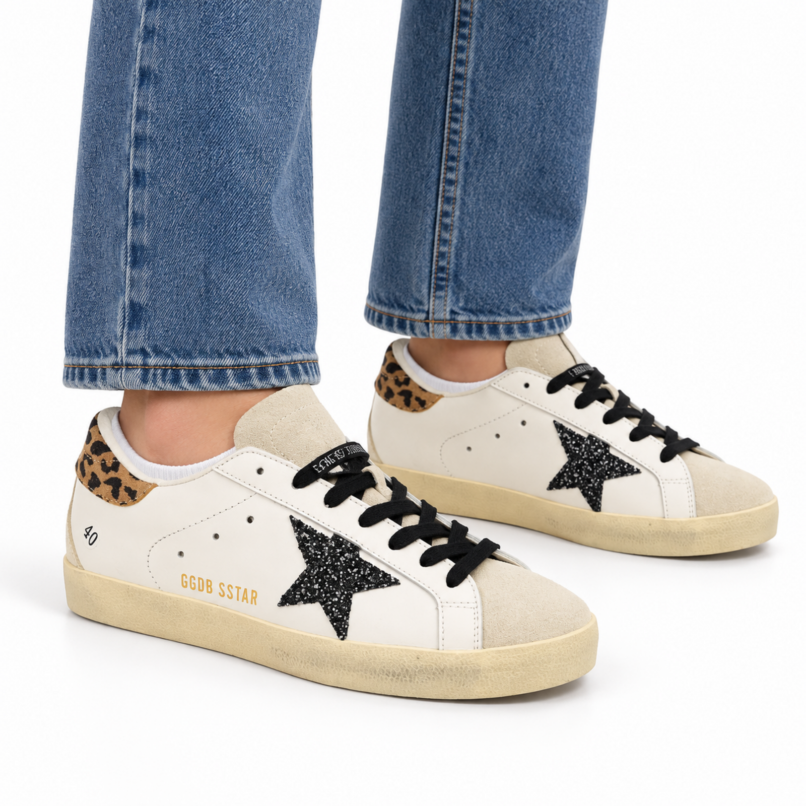 Golden Goose Super Star Black Glitter Leopard Heel on foot
