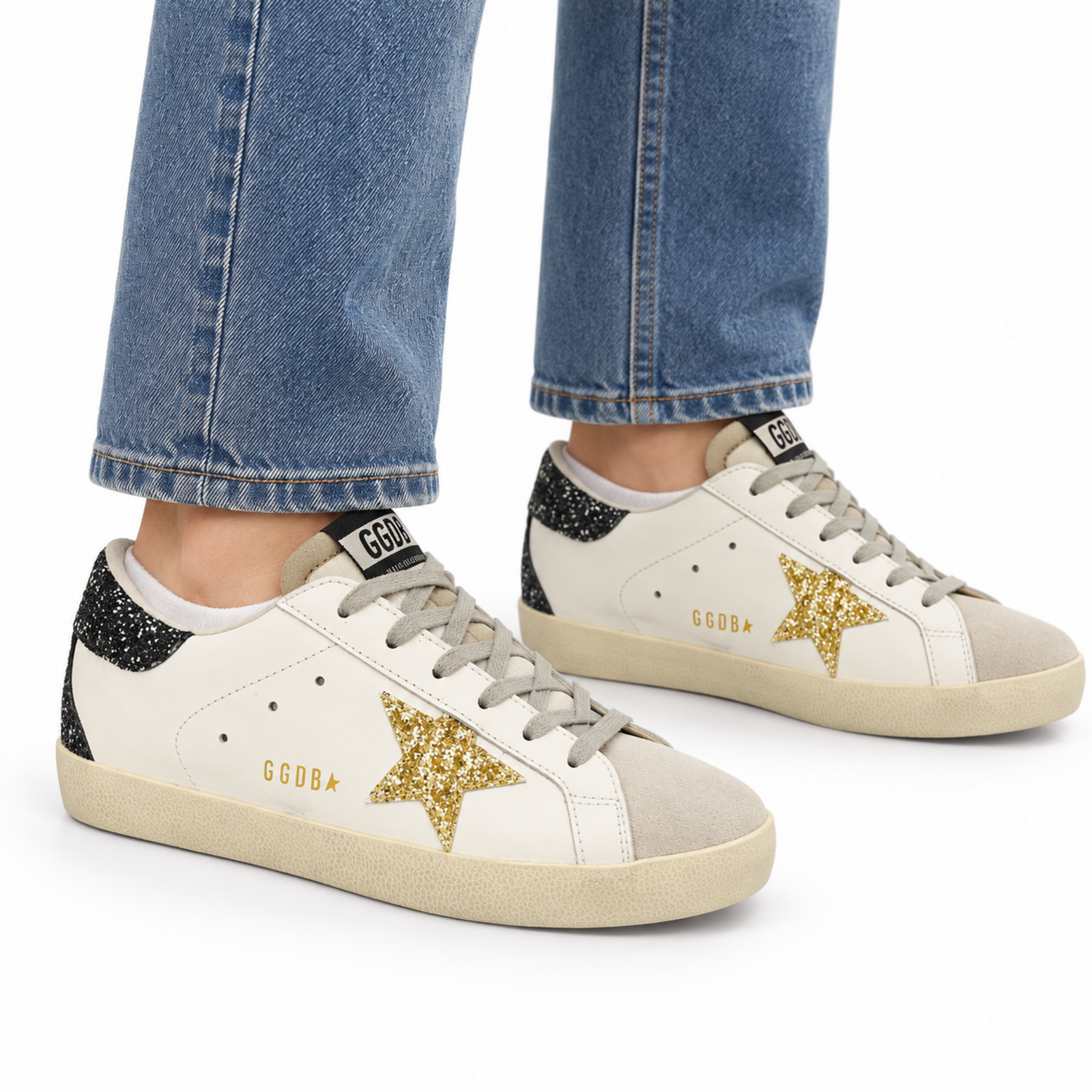 Golden Goose Super Star White Gold Glitter Black on foot