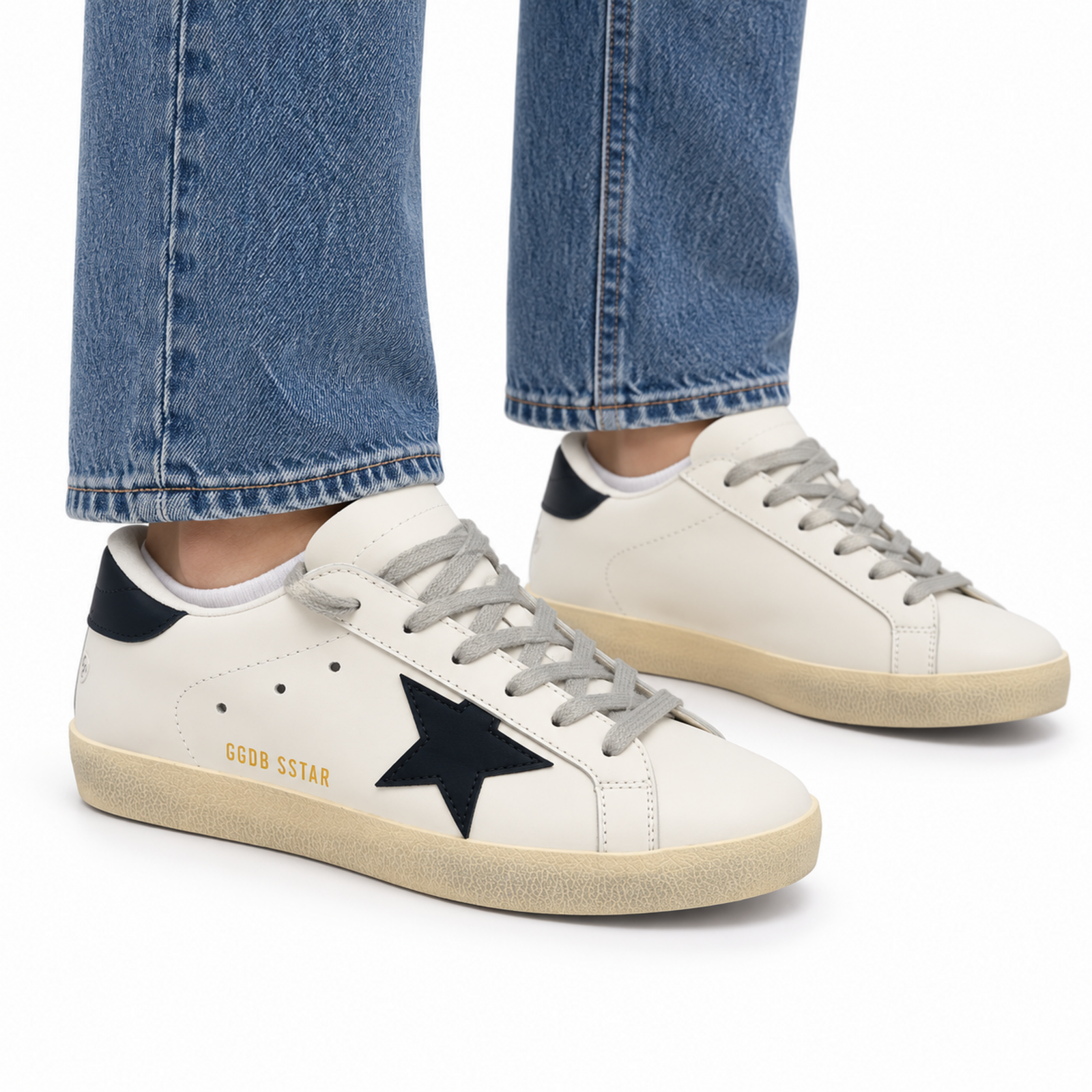 Golden Goose Super Star White Navy Leather on foot