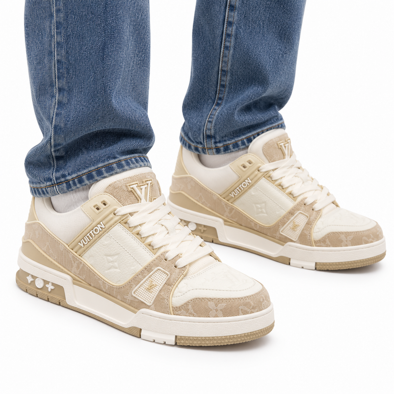 Louis Vuitton Trainer Beige Monogram Cream on foot