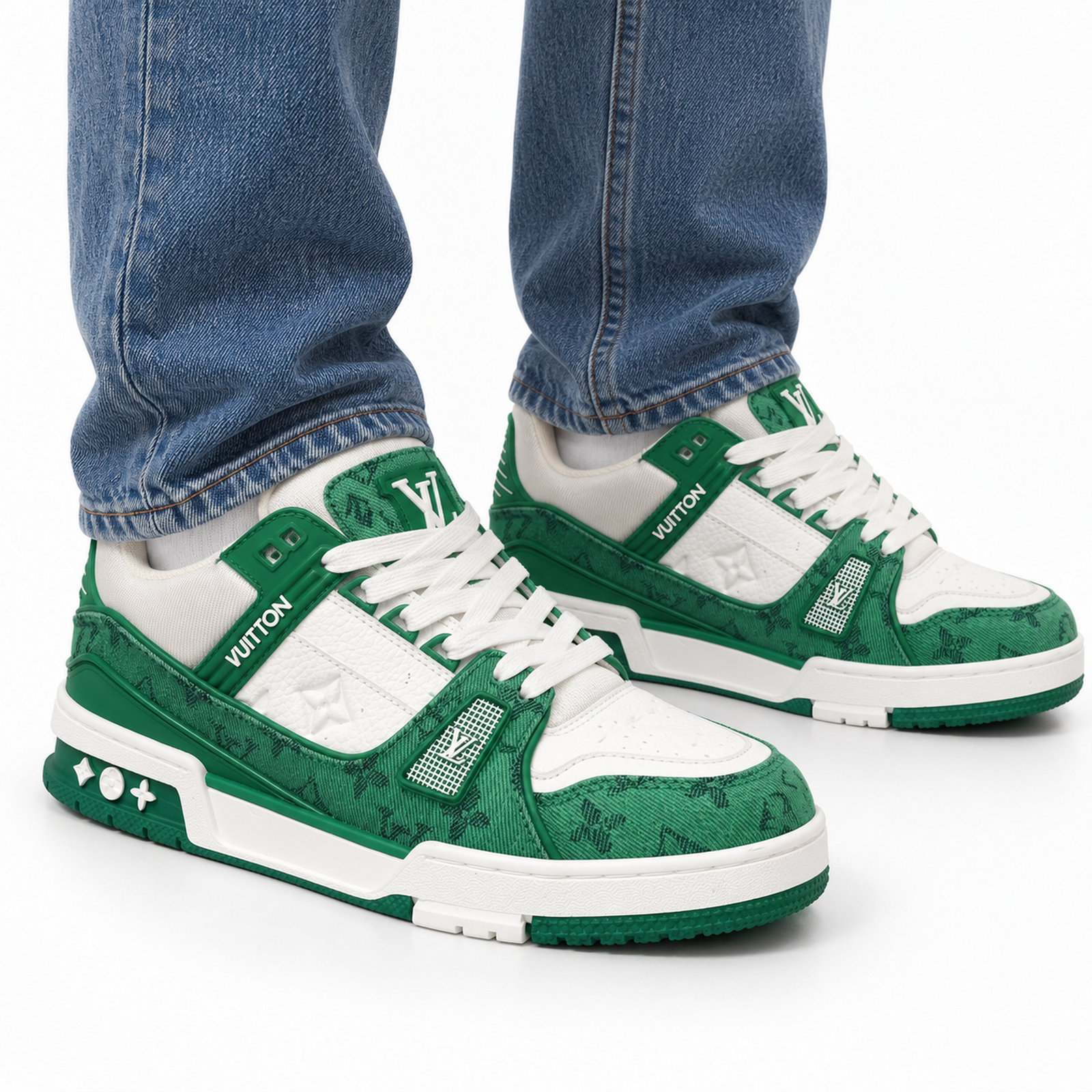 Louis Vuitton Trainer Green Monogram Denim on foot