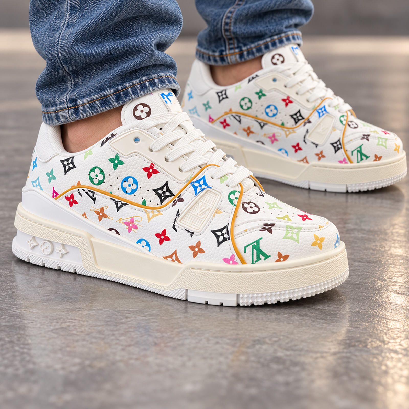 Louis Vuitton Trainer Multicolor Monogram on foot