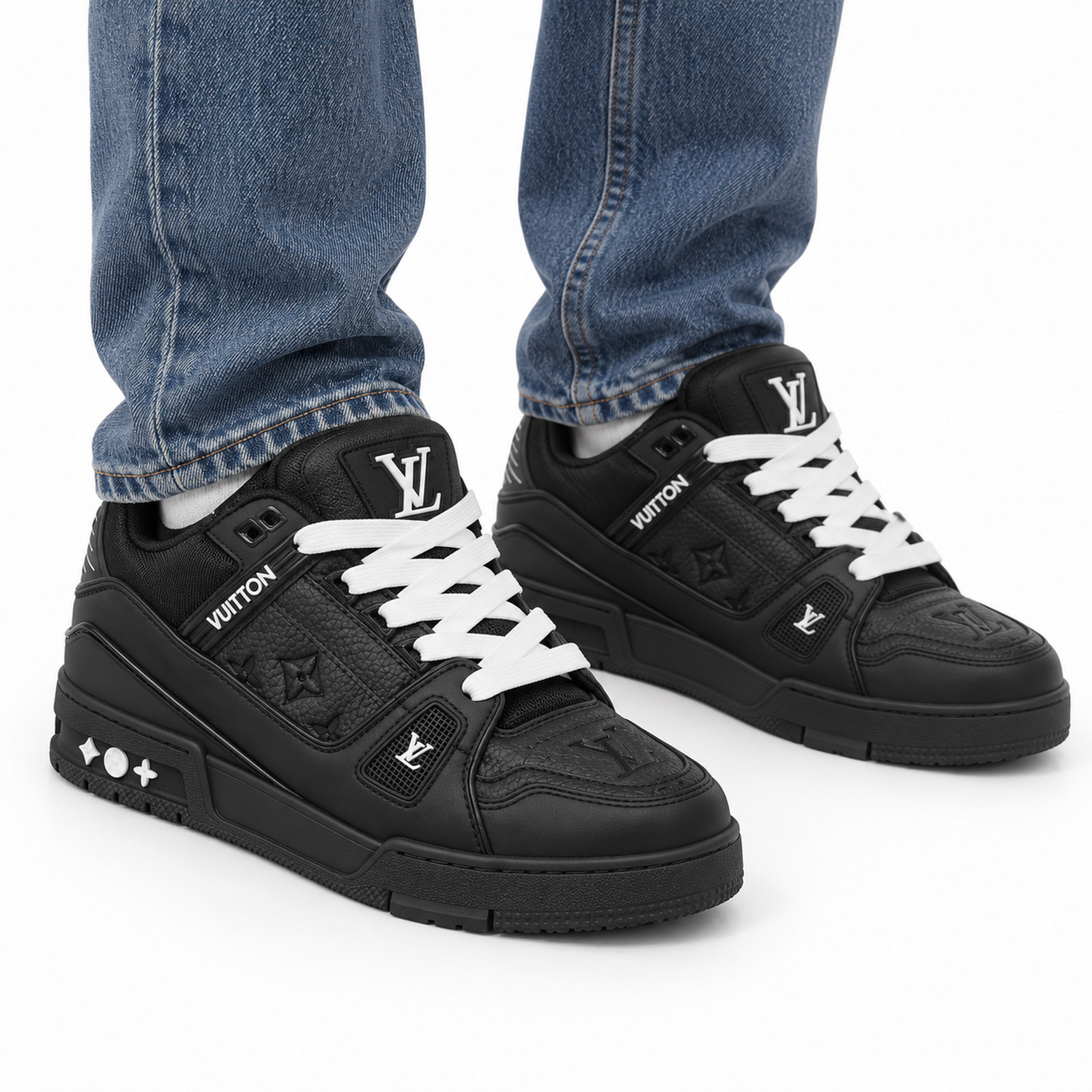 Louis Vuitton Trainer Triple Black Monogram on foot