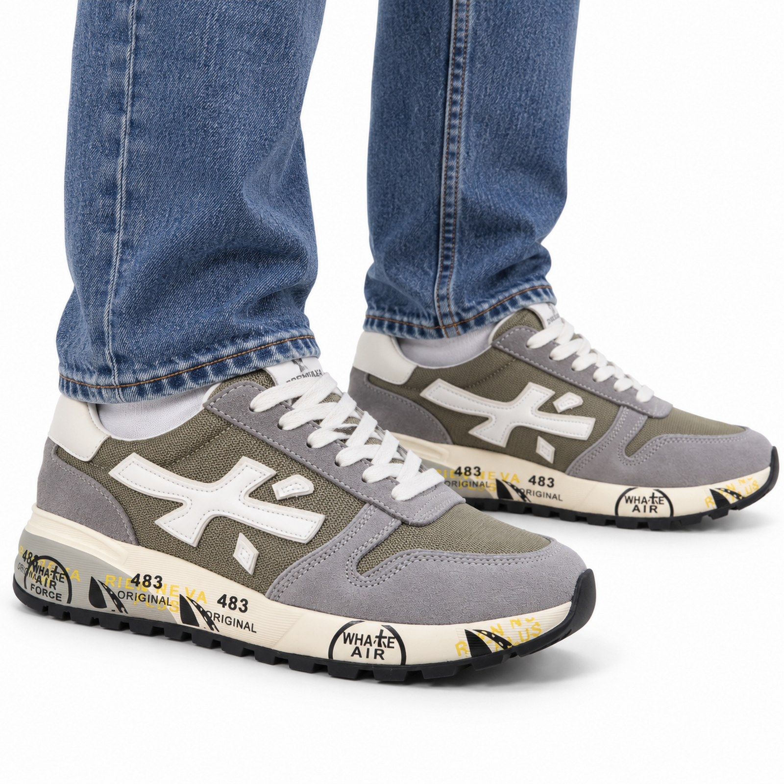 Premiata Mick Grey Olive on foot