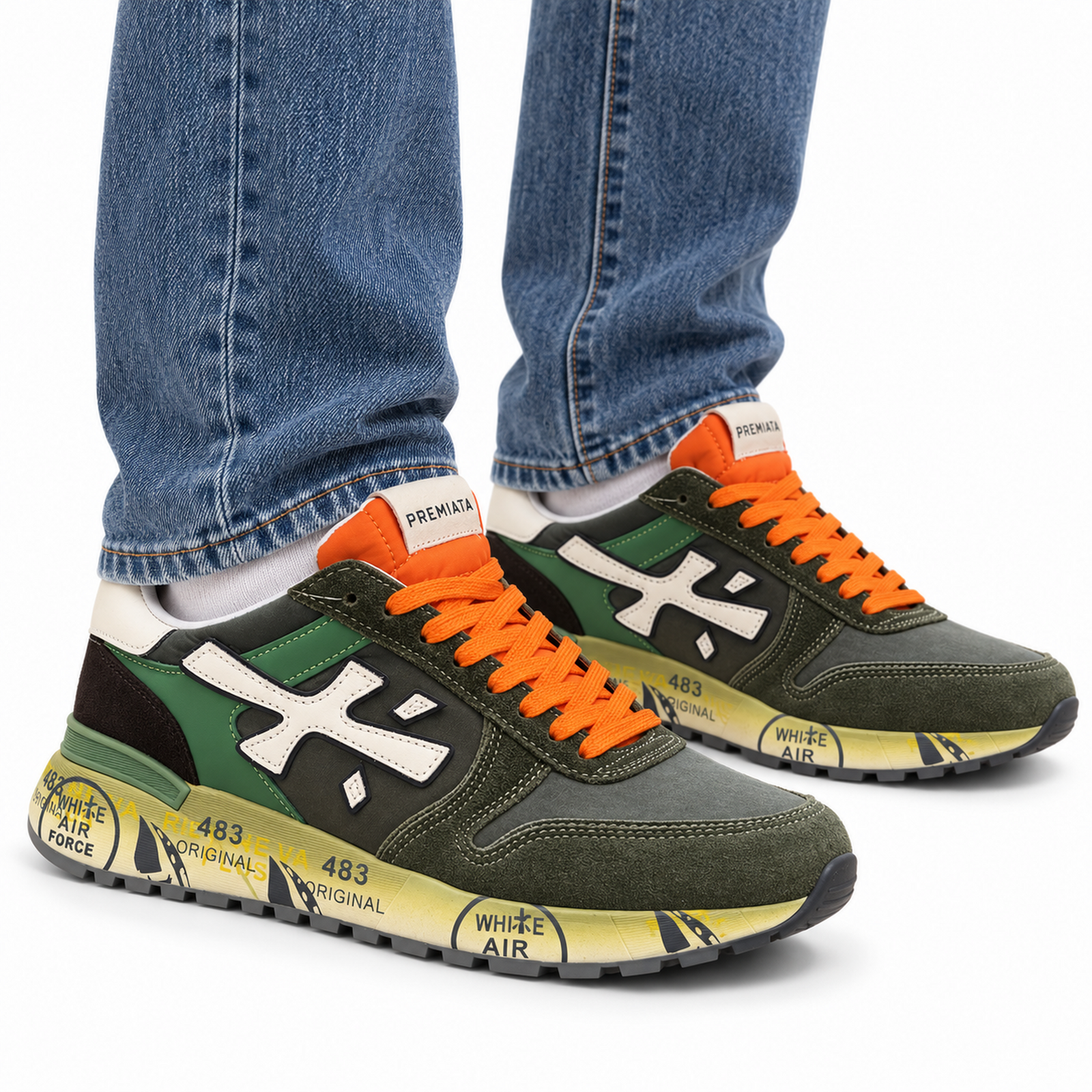 Premiata Mick Olive Orange on foot