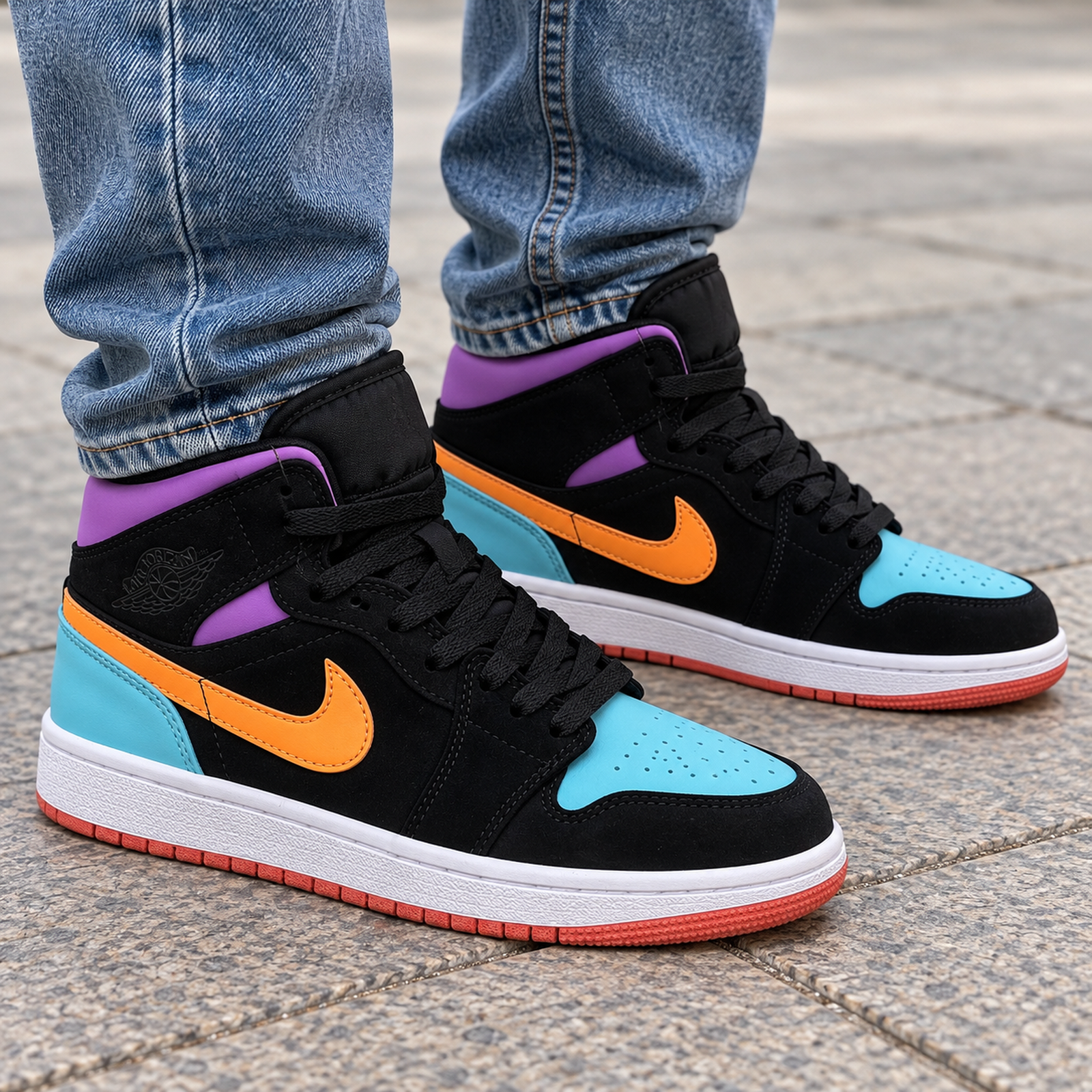 Air Jordan 1 Mid Black Purple Orange onfoot