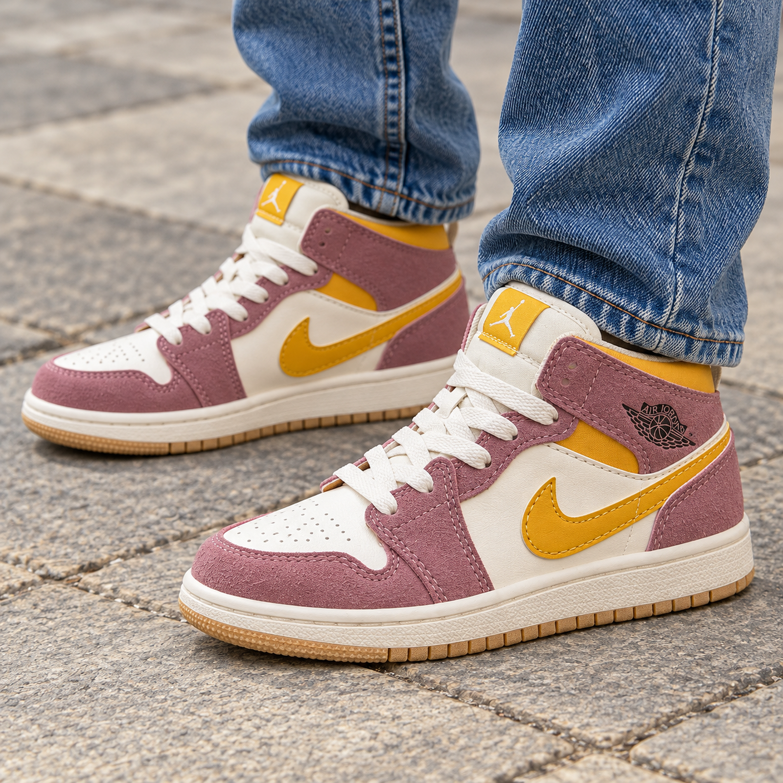 Air Jordan 1 Mid Pink Yellow onfoot